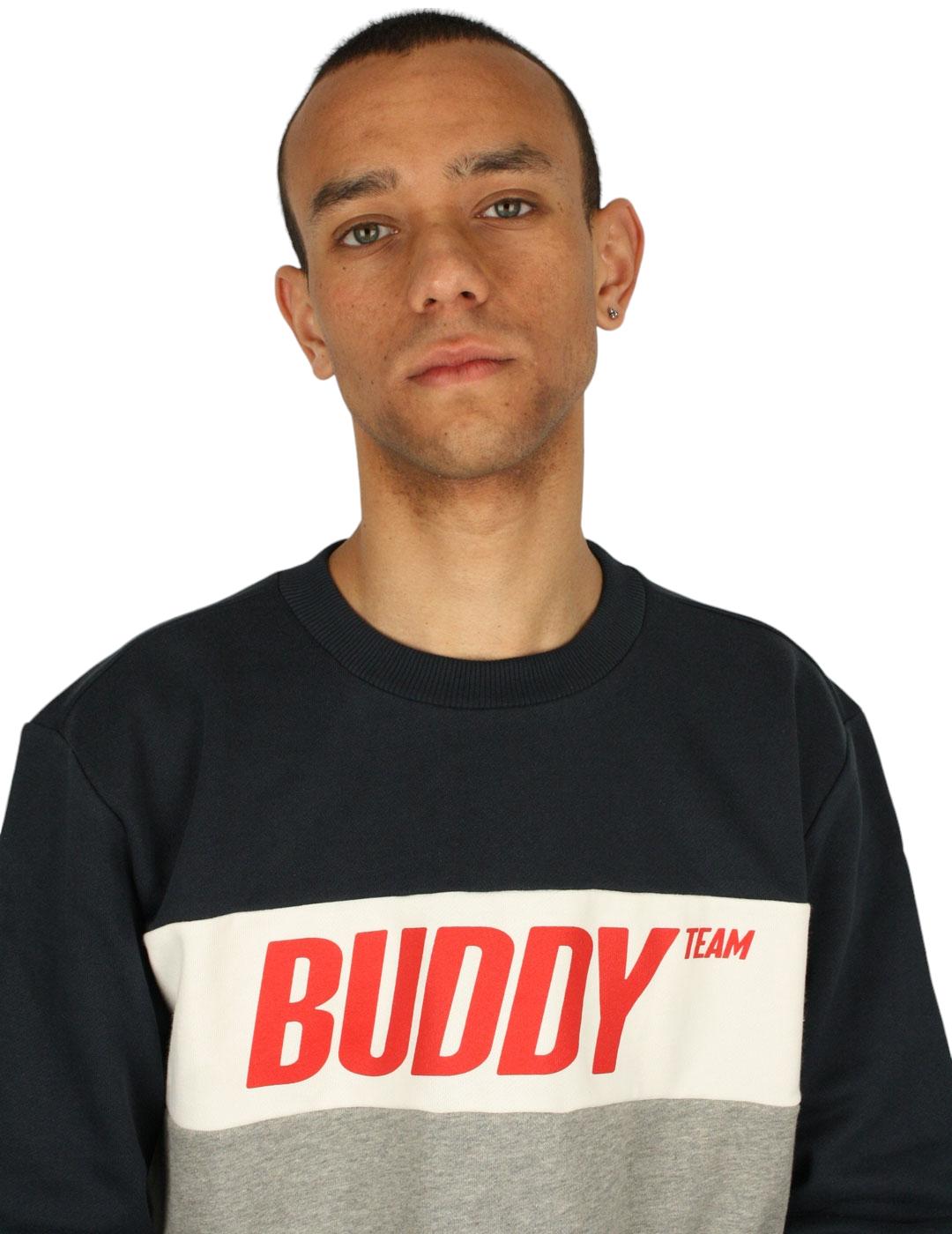 Sudadera Buddy Riscas marino, blanco y gris