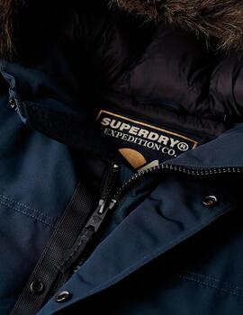 Abrigo Superdry azul marino con capucha de pelo